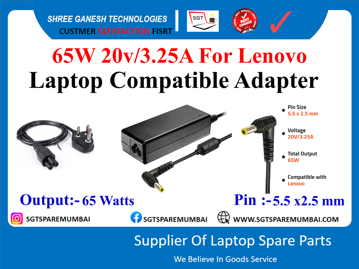 65W 20v/3.25A For Lenovo Laptop Compatible Adapter