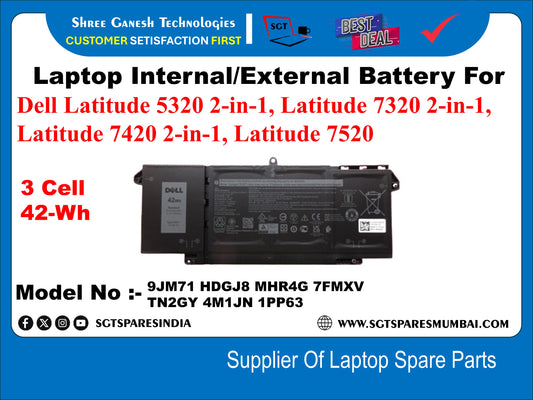 Laptop Internal Compatible Battery For Dell Latitude 5320 2-in-1, Latitude 7320 2-in-1, Latitude 7420 2-in-1, Latitude 7520 3 Cell 42-Wh Model No : - 9JM71 HDGJ8 MHRAG 7FMXV TN2GY 4M1JN 1PP63