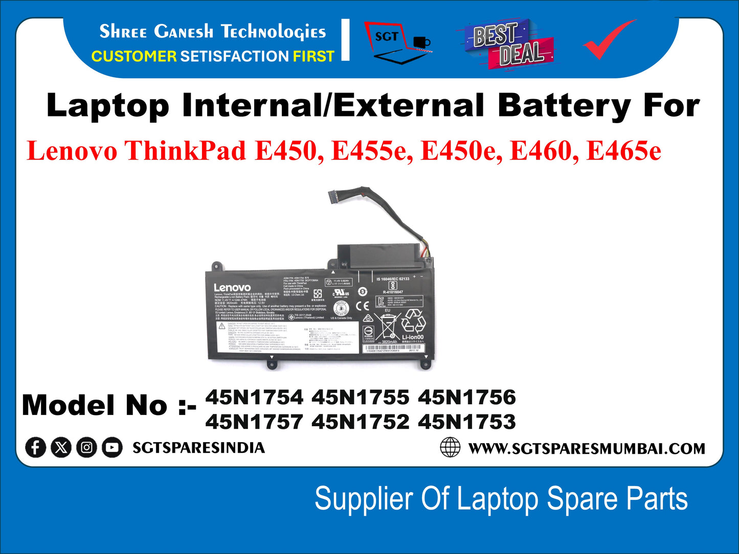 Laptop Internal Compatible Battery For Lenovo ThinkPad E450, E455e, E450e, E460, E465e Model No :- 45N1754 45N1755 45N1756 45N1757 45N1752 45N1753