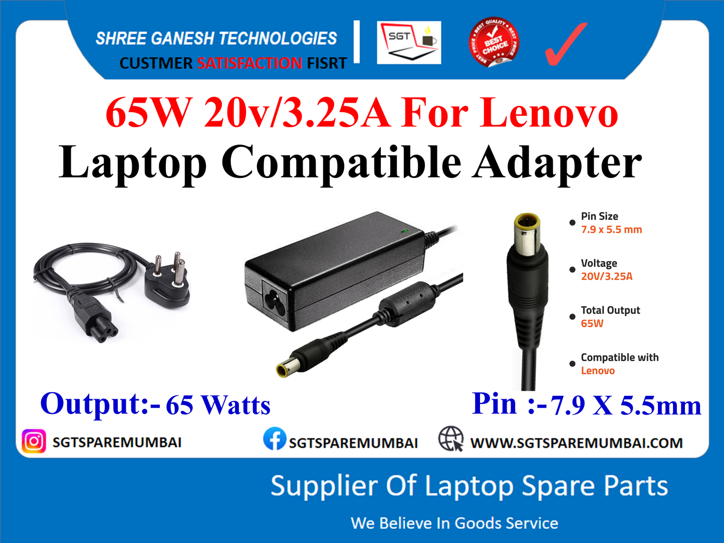 65W 20v/3.25A For Lenovo Laptop Compatible Adapter