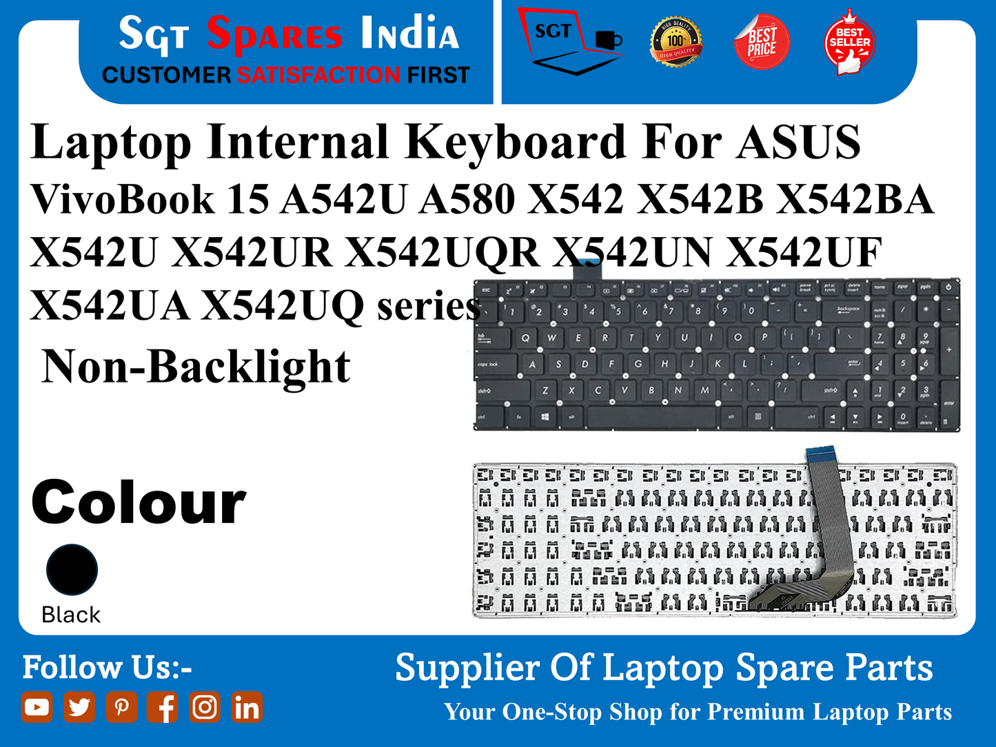 Laptop Internal Keyboard For ASUS VivoBook 15 A542U A580 X542 X542B X542BA X542 X542UR X542UQR X542UN X542UF X542UA X542UQ series Non-Backlight Colour  Black