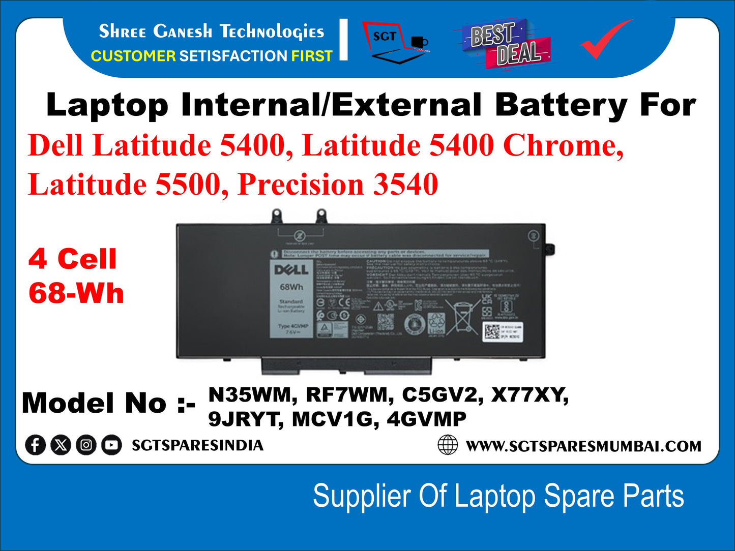 Laptop Internal Compatible Battery For Dell Latitude 5400, Latitude 5400 Chrome, Latitude 5500, Precision 3540 4 Cell 68-Wh DeAL 68Wh Model No : - N35WM, RF7WM, C5GV2, X77XY, 9JRYT, MCV1G, 4GVMP