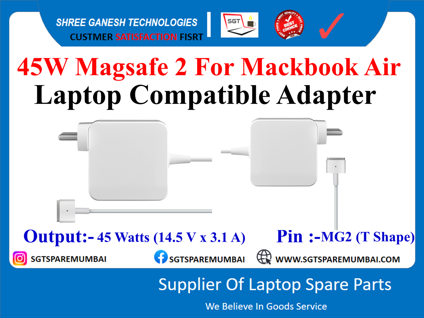 45W Magsafe 2 For Mackbook Air Laptop Compatible Adapter