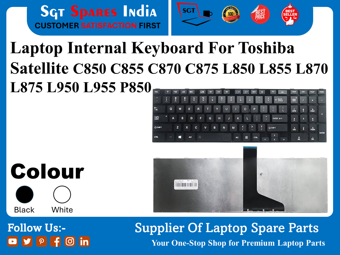 Laptop Internal Keyboard For Toshiba Satellite C850 C855 C870 C875 L850 L855 L870 L875 L950 L955 P850 Colour Black White