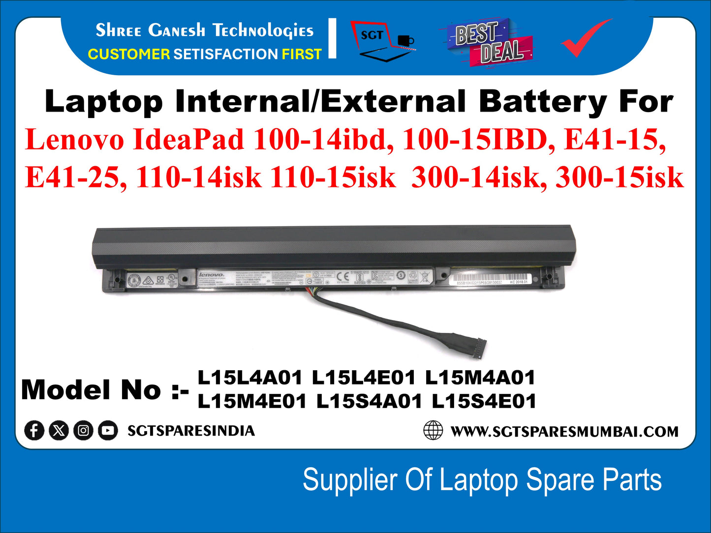 Laptop Internal/External Battery For Lenovo IdeaPad 100-14ibd, 100-15IBD, E41-15, E41-25, 110-14isk 110-15isk 300-14isk, 300-15isk L15L4A01 L15LAE01 L15M4A01 L15M4E01 L15s4A01 L15s4E01