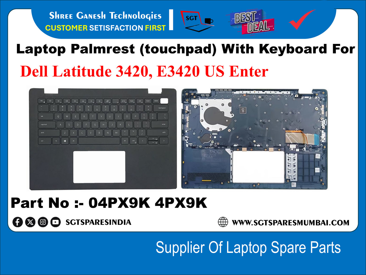 Laptop Palmest (touchpad) With Keyboard For Dell Latitude 3420, E3420 US Enter Part No :- 04PX9K 4PX9K