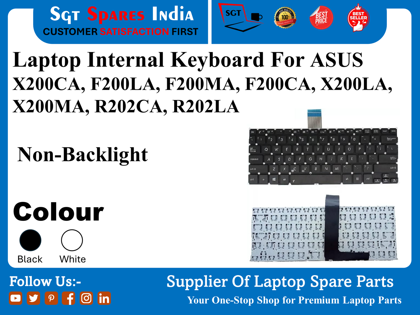 Laptop Internal Keyboard For ASUS X200CA, F200LA, F200MA, F200CA, X200LA, X200MA, R202CA, R202LA Non-Backlight Colour  Black White