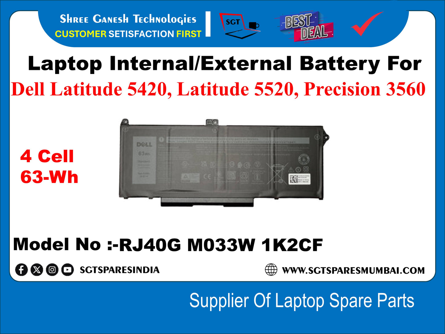 Laptop Internal Compatible Battery For Dell Latitude 5420, Latitude 5520, Precision 3560 4 Cell 63-Wh Model No :-RJ40G M033W 1K2CF