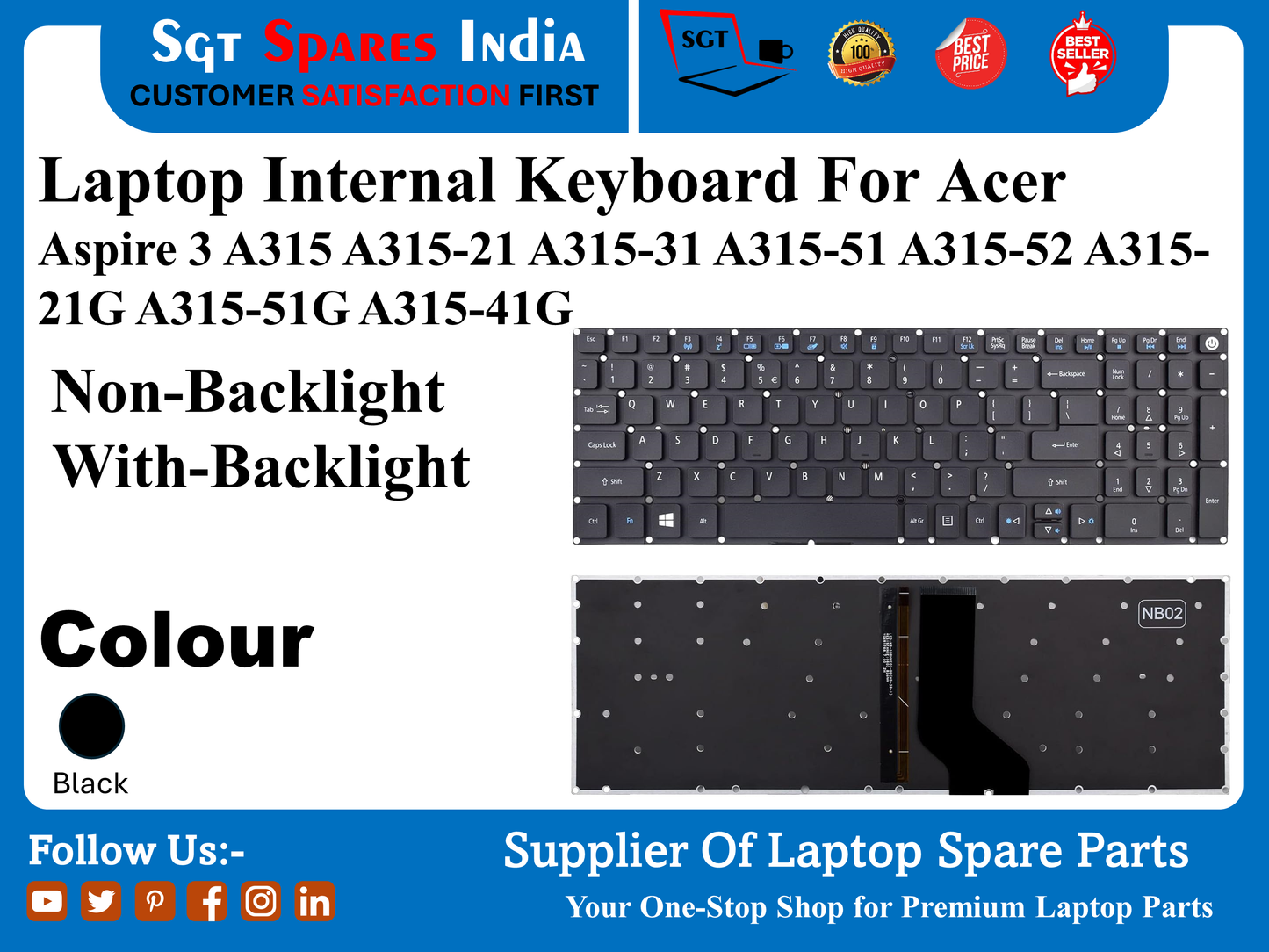 Laptop Internal Keyboard For Acer Aspire 3 A315 A315-21 A315-31 A315-51 A315-52 A315- 21G A315-51G A315-41G Non-Backlight With-Backlight Colour Black