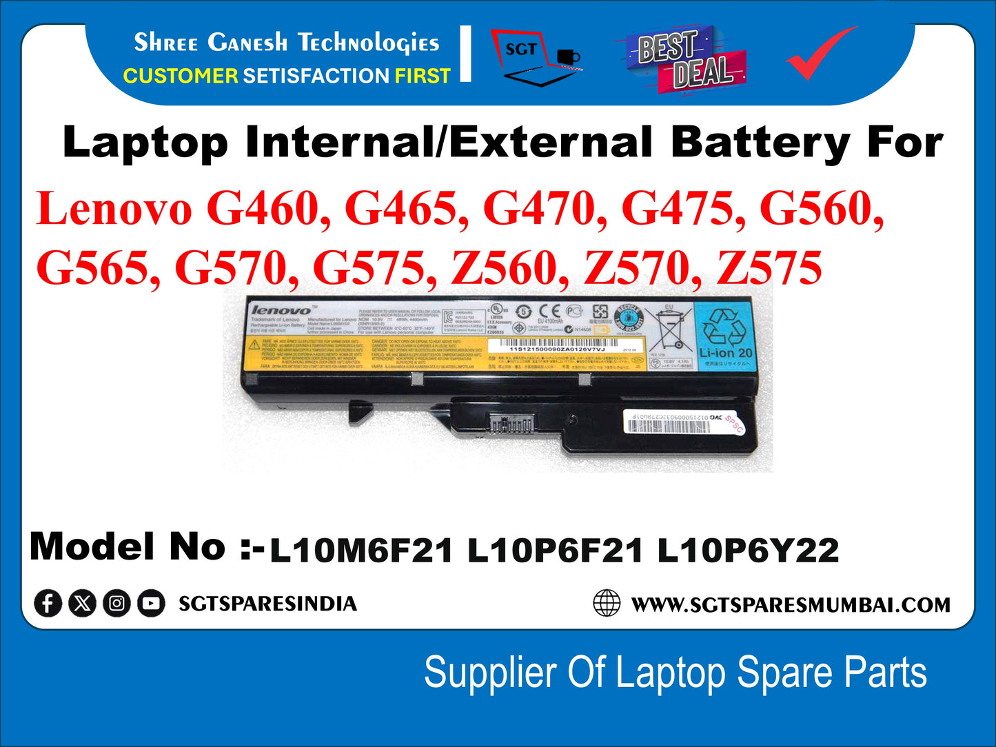 Laptop External Compatible  Battery For Lenovo G460, G465, G470, G475, G560, G565, G570, G575, Z560, Z570, Z575 Model No :-L10M6F21 L10P6F21 L10P6Y22