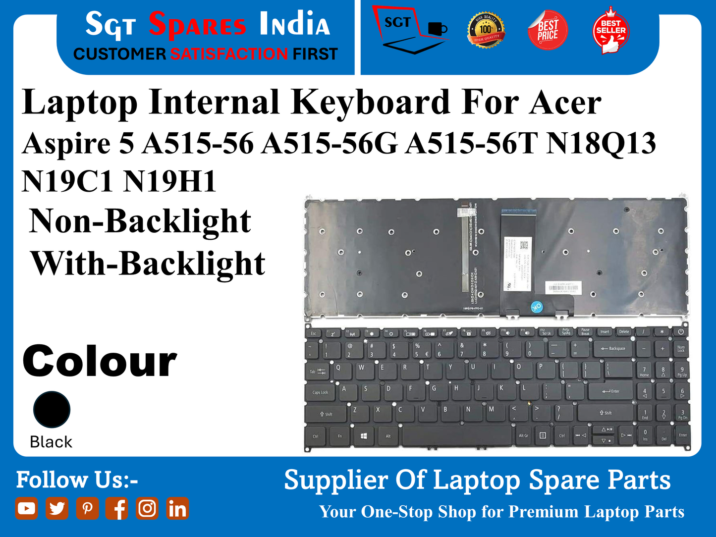 Laptop Internal Keyboard For Acer Aspire 5 A515-56 A515-56G A515-56T N18Q13 N19C1 N19H1 Non-Backlight With-Backlight Colour Black