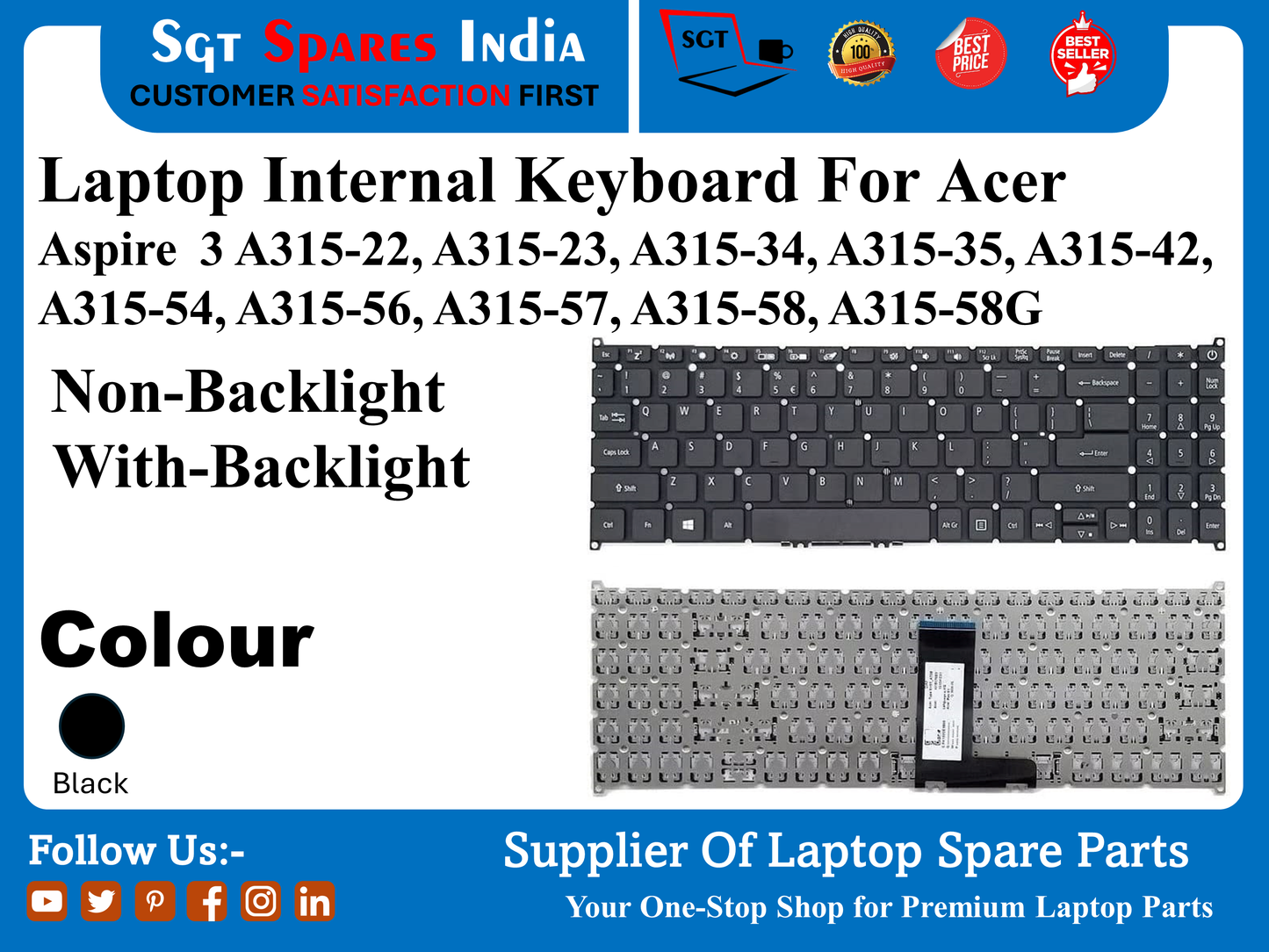 Laptop Internal Keyboard For Acer Aspire 3 A315-22, A315-23, 315-34, A315-35, A315-42, A315-54, A315-56, A315-57, A315-58, A315-58G Non-Backlight With-Backlight Colour Black