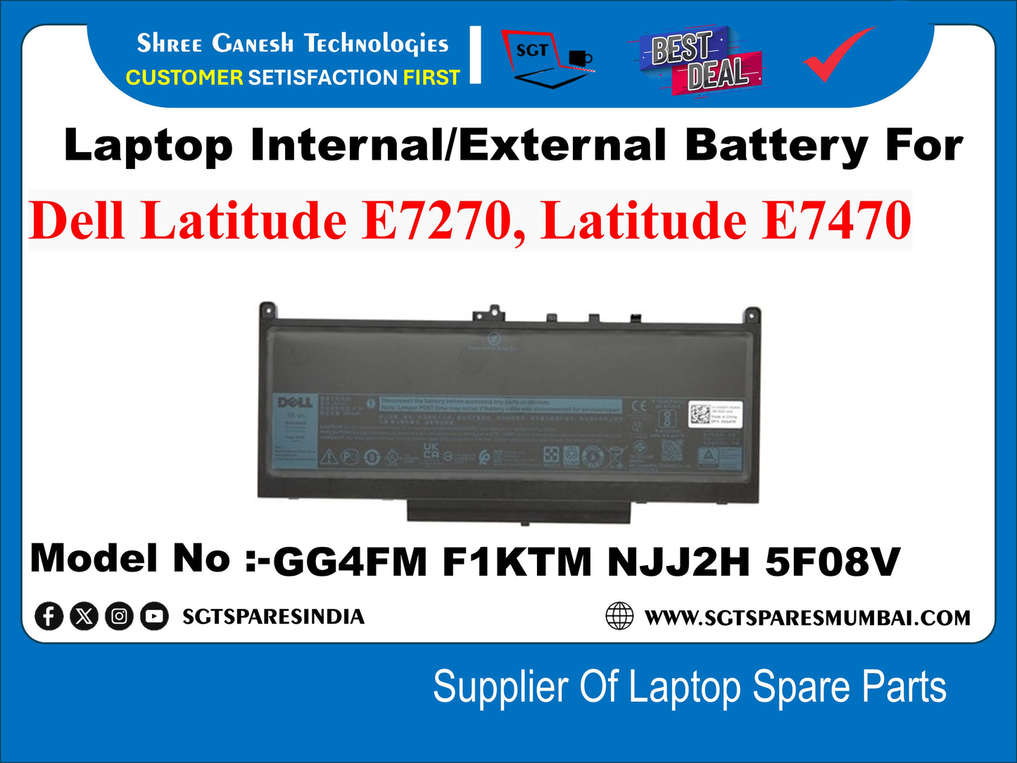 Laptop Internal Compatible Battery For Dell Latitude E7270, Latitude E7470 Model No :-GG4FM F1KTM NJJ2H 5F08V