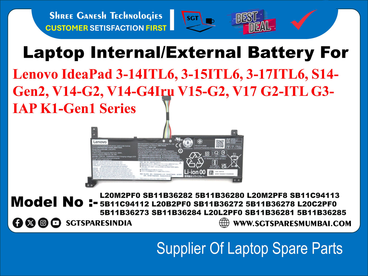 Laptop Internal Compatible Battery For Lenovo IdeaPad 3-14iTL6, 3-15iTL6, 3-17iTL6, S14- Gen2, V14-G2, V14-G4Icu V15-G2, V17 G2-ITL G3- IAP K14-Gen1 Series Model No :- L20M2PF0 5B11B36282 5B11B36280 L20M2PF8  L20B2PFO  L20C2PFO L20L2PF0