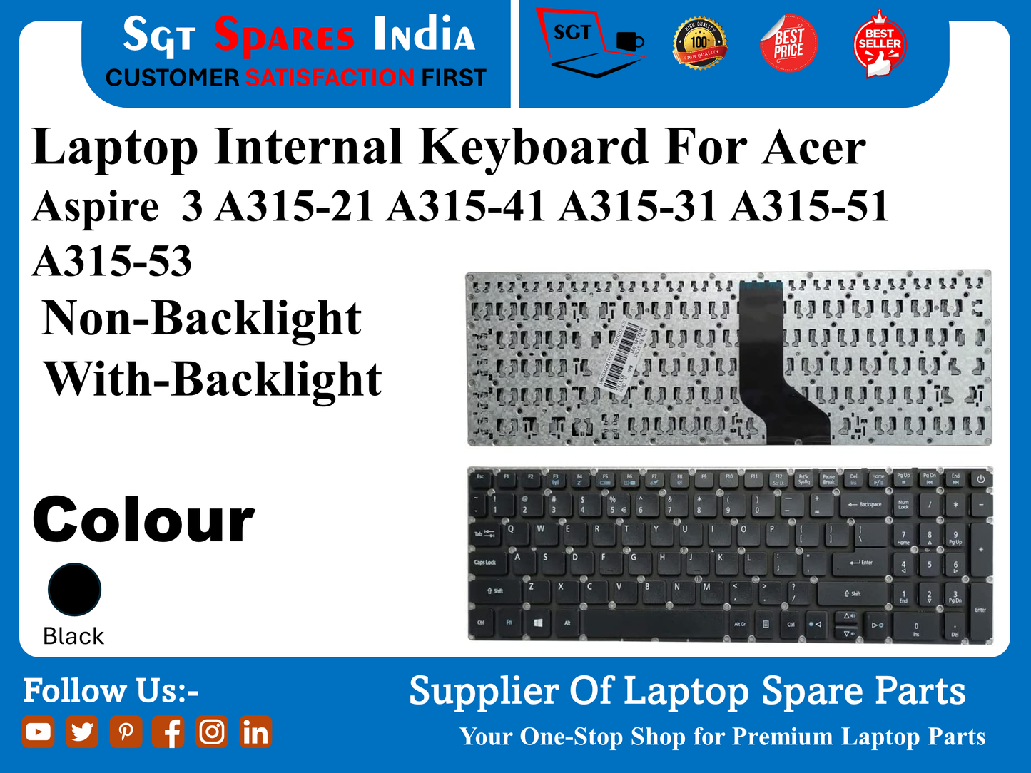 Laptop Internal Keyboard For Acer Aspire 3 A315-21 A315-41 A315-31 A315-51 A315-53 Non-Backlight With-Backlight Colour Black