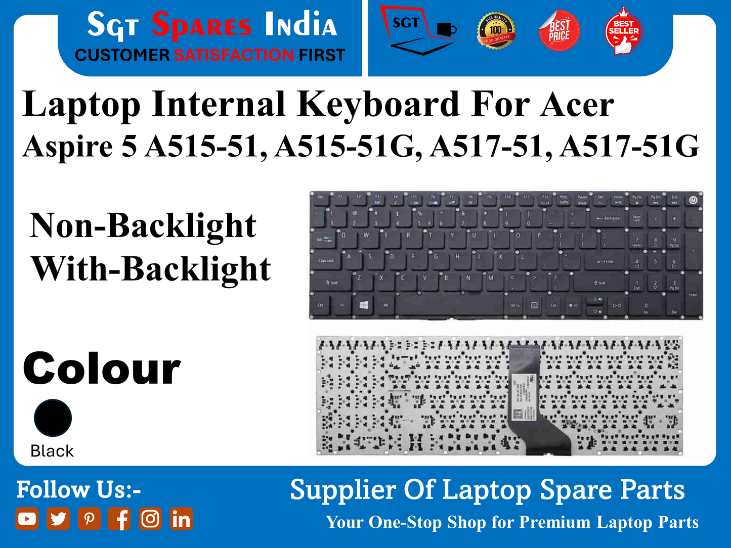 Laptop Internal Keyboard For Acer Aspire 5 A515-51, A515-51G, A517-51, A517-51G Non-Backlight With-Backlight Colour Black