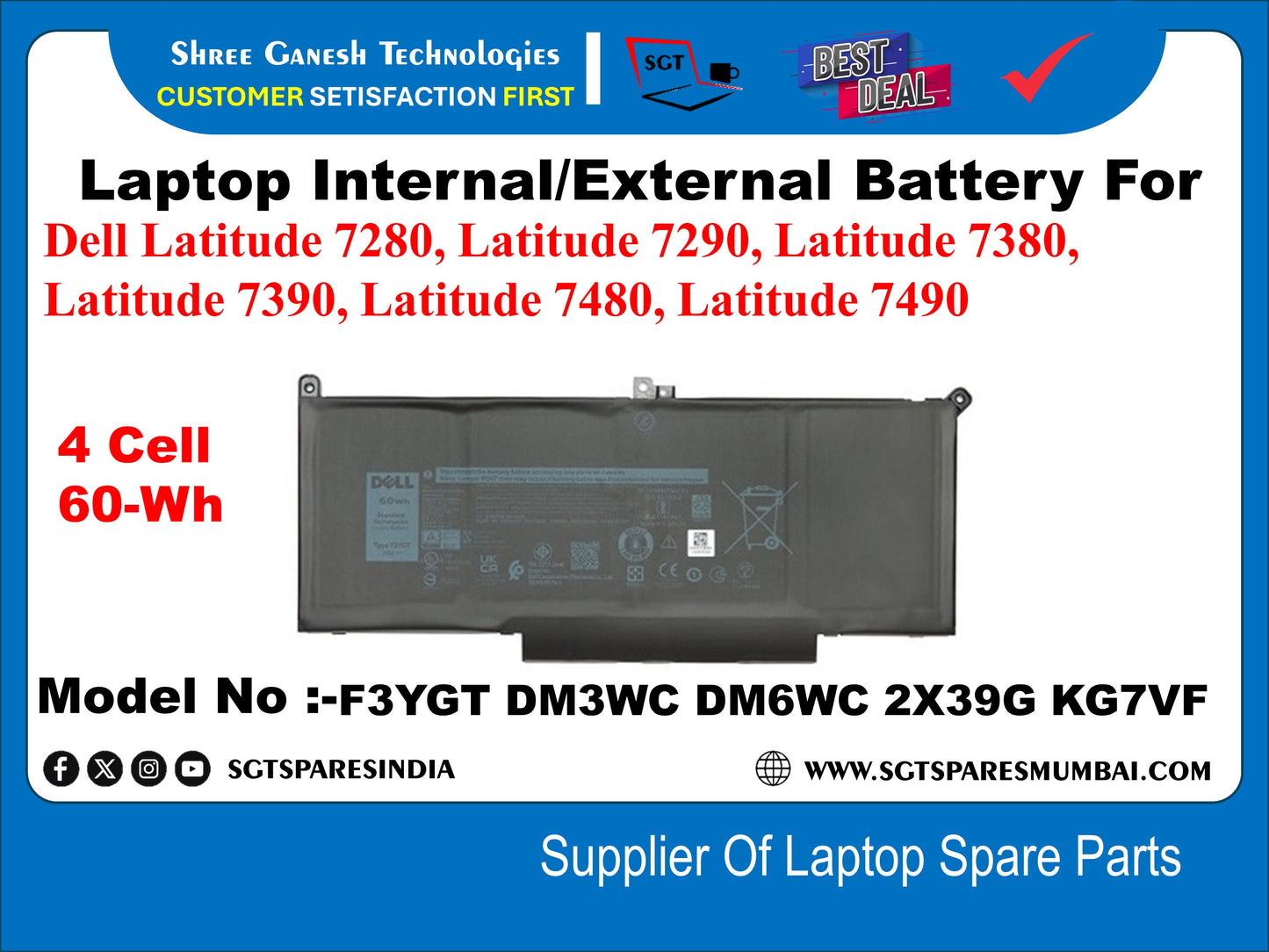 Laptop Internal Compatible Battery For Dell Latitude 7280, Latitude 7290, Latitude 7380, Latitude 7390, Latitude 7480, Latitude 7490 4 Cell 60-Wh Model No :-F3YGT DM3WC DM6WC 2X39G KG7VF