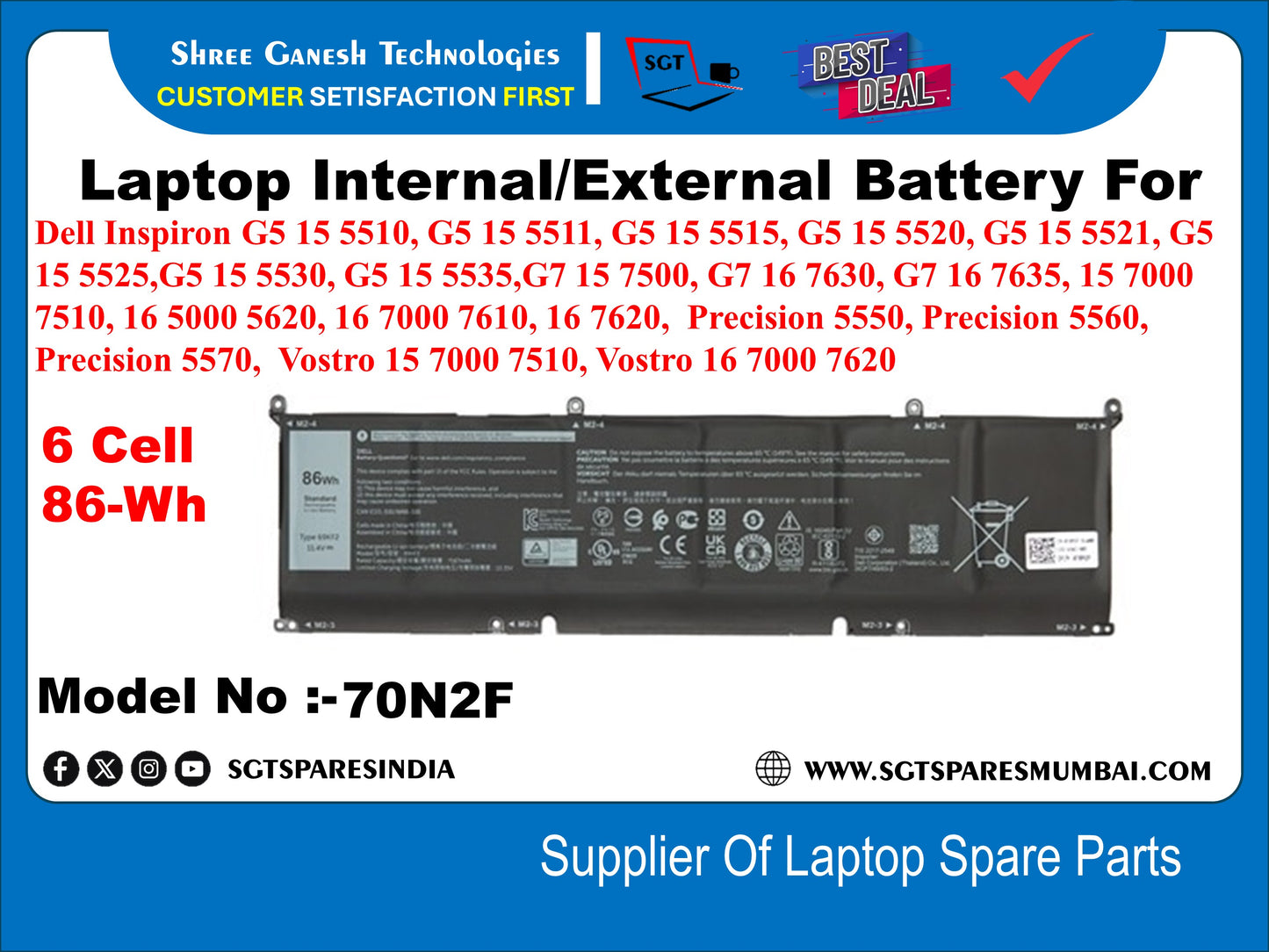 Laptop Internal Compatible Battery For Dell Inspiron G5 15 5510, G5 15 5511, G5 15 5515, G5 15 5520, G5 15 5521, G5 15 5525,G5 15 5530, G5 15 5535,G7 15 7500, G7 16 7630, G7 16 7635, 15 7510, 16 5620, 16 7610, 16 7620 6 Cell 86-Wh Model No :-70N2F