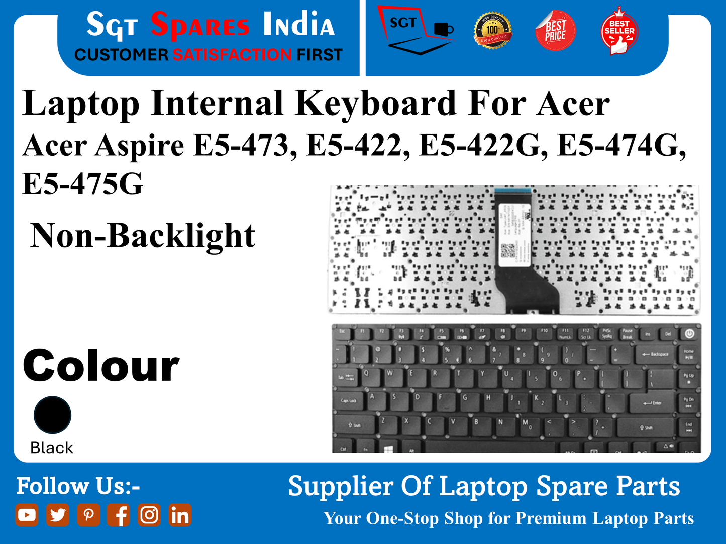 लैपटॉप इंटरनल कीबोर्ड Acer Aspire E5-473, E5-422, E5-422G, E5-474G, E5-475G के लिए नॉन-बैकलाइट रंग काला