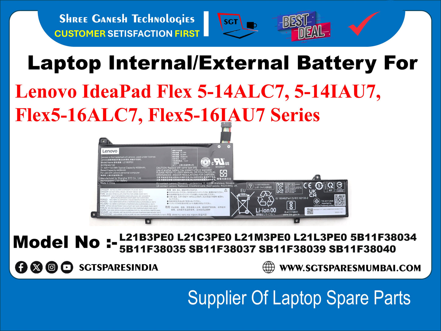 Laptop Internal Compatible Battery For Lenovo IdeaPad Flex 5-14ALC7, 5-14IAU7, Flex5-16ALC7, Flex5-16IAU7 Series Model No :- L21B3PEO L21C3PEO L21M3PEO L21L3PEO 5B11F38034 5B11F38035 SB11F38037 SB11F38039 SB11F38040