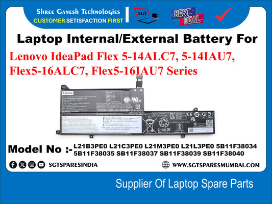 Laptop Internal Compatible Battery For Lenovo IdeaPad Flex 5-14ALC7, 5-14IAU7, Flex5-16ALC7, Flex5-16IAU7 Series Model No :- L21B3PEO L21C3PEO L21M3PEO L21L3PEO 5B11F38034 5B11F38035 SB11F38037 SB11F38039 SB11F38040