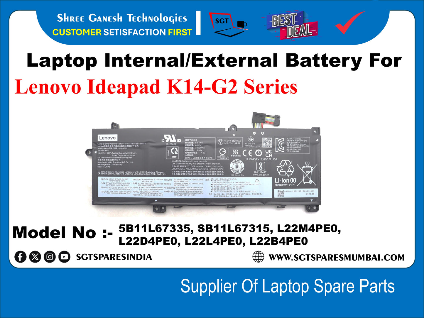 Laptop Internal Compatible Battery For Lenovo Ideapad K14-G2 Series Model No :- 5B11L67335, 5B11L67315, L22M4PEO, L22D4PEO, L22L4PEO, L22B4PE0