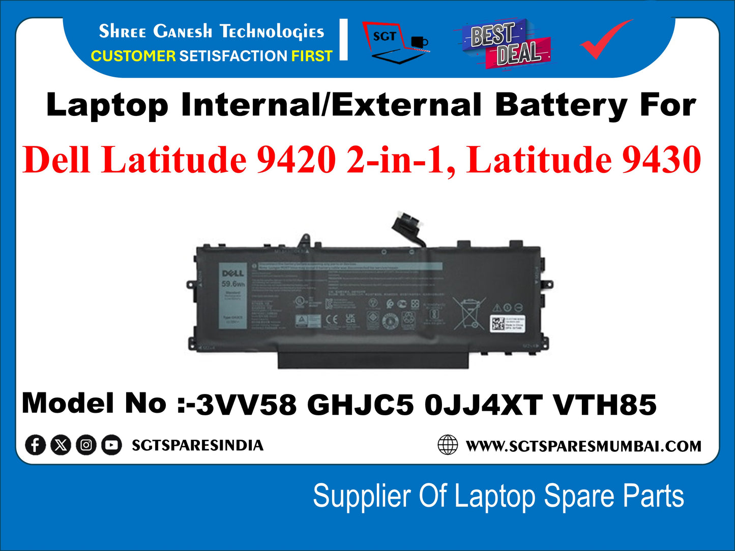 Laptop Internal Compatible Battery For Dell Latitude 9420 2-in-1, Latitude 9430 Model No :-3VV58 GHJC5 0JJ4XT VTH85