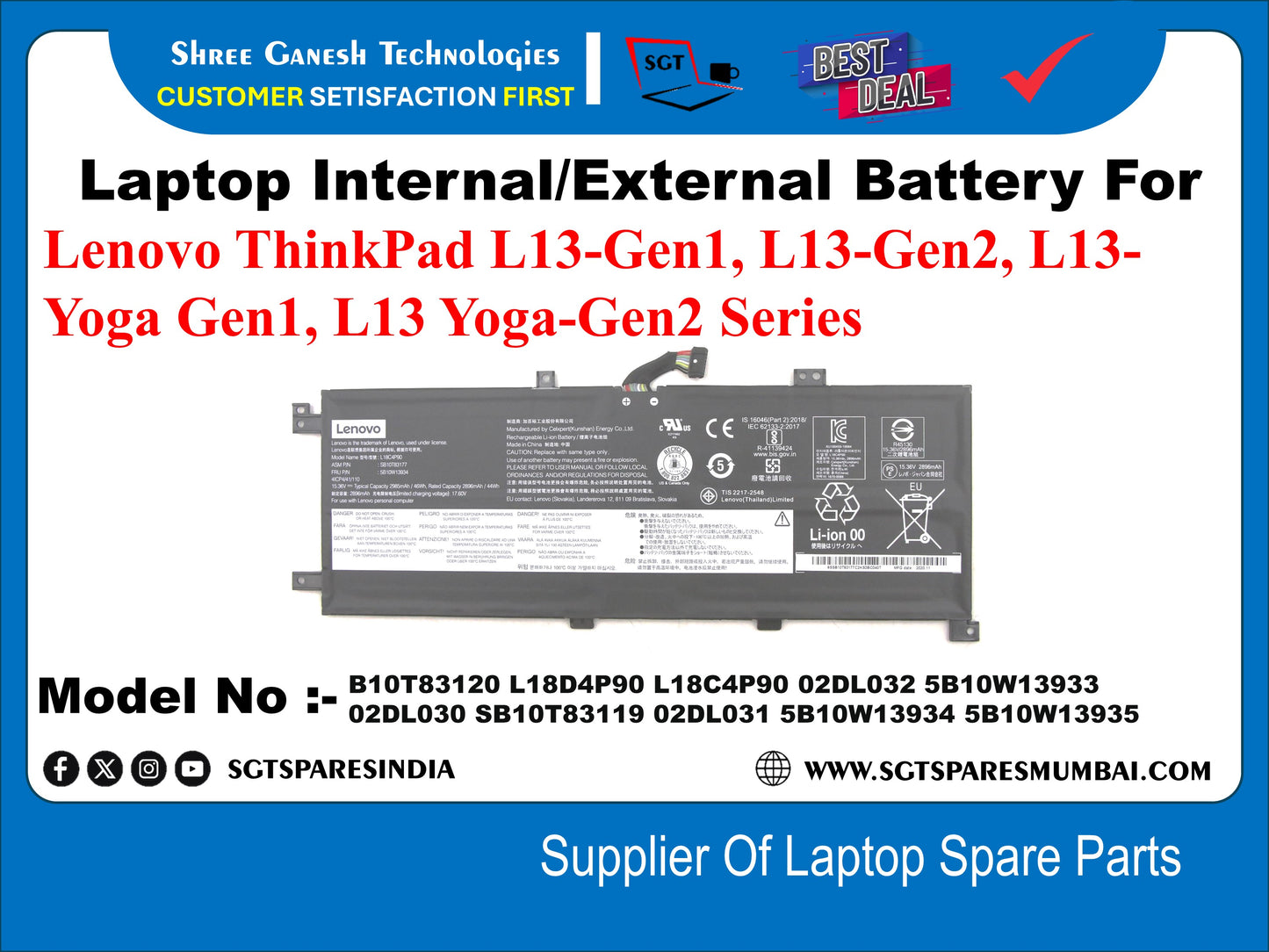 Laptop Internal Compatible Battery For Lenovo ThinkPad L13-Gen1, L13-Gen2, L13- Yoga Gen1, L13 Yoga-Gen2 Series, Model No :- 5B10T83120, L18D4P90, L18C4P90, 02DL032, 5B10W13933,&nbsp; 02DL030, 5B10T83119, 02DL031, 5B10W13934, 5B10W13935