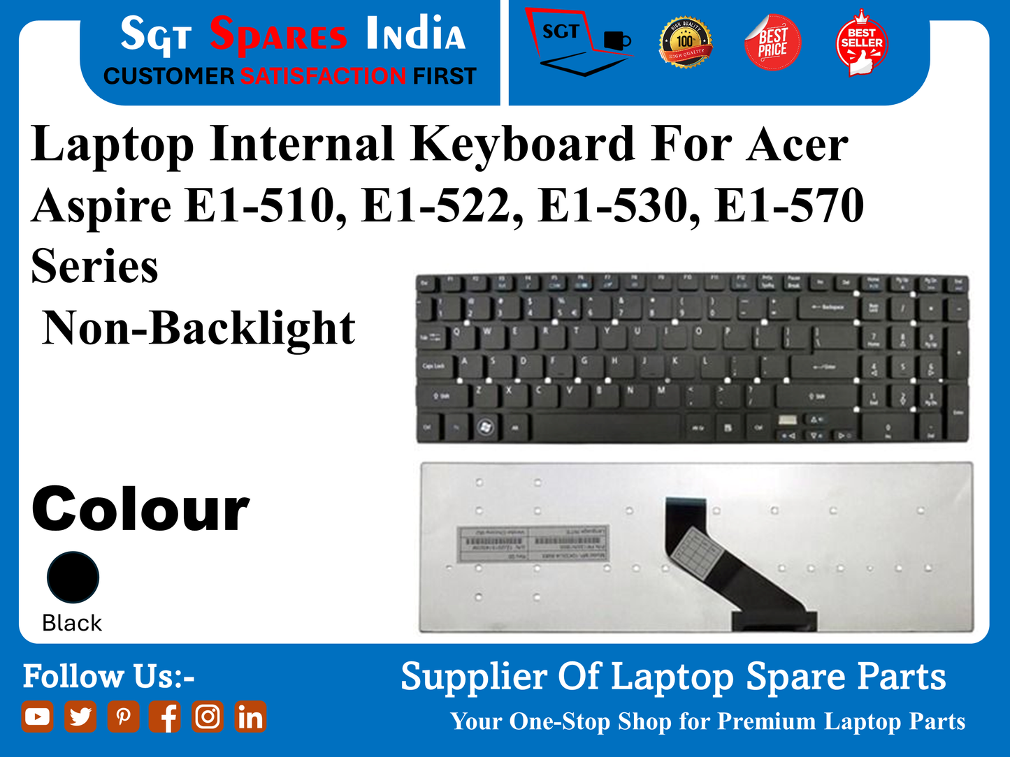 Laptop Internal Keyboard For Acer Aspire E1-510, E1-522, E1-530, E1-570 Series Non-Backlight Colour Black