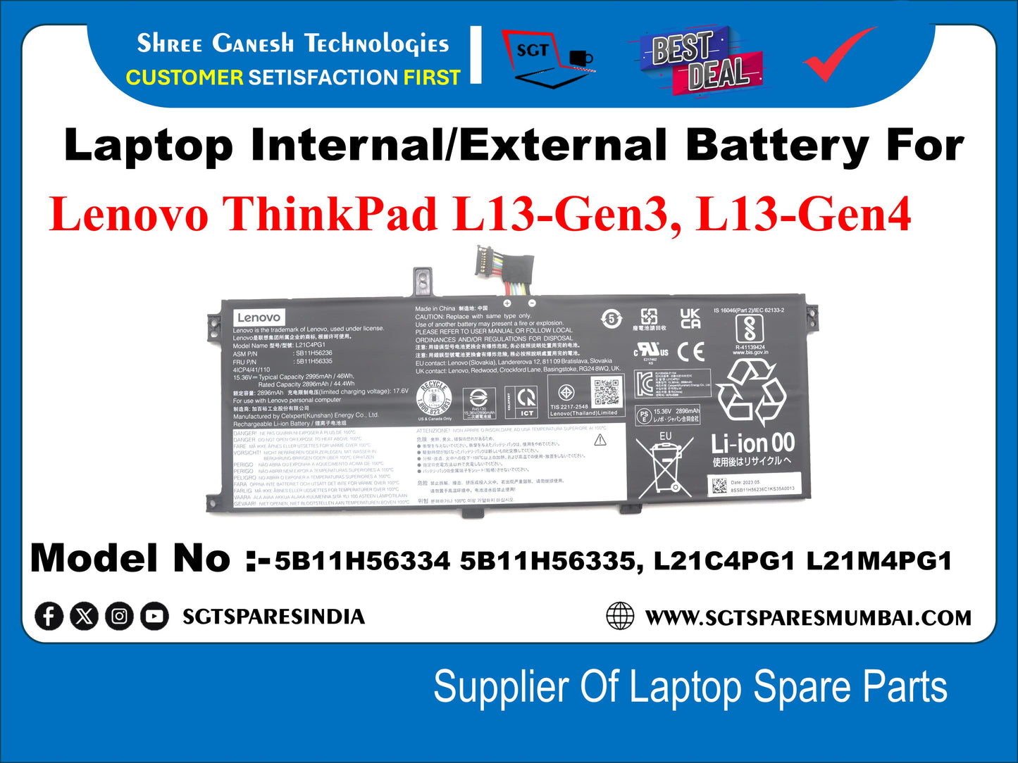 Laptop Internal Compatible Battery For Lenovo ThinkPad L13-Gen3, L13-Gen4, Model No :-5B11H56334, 5B11H56335, L21C4PG1, L21M4PG1