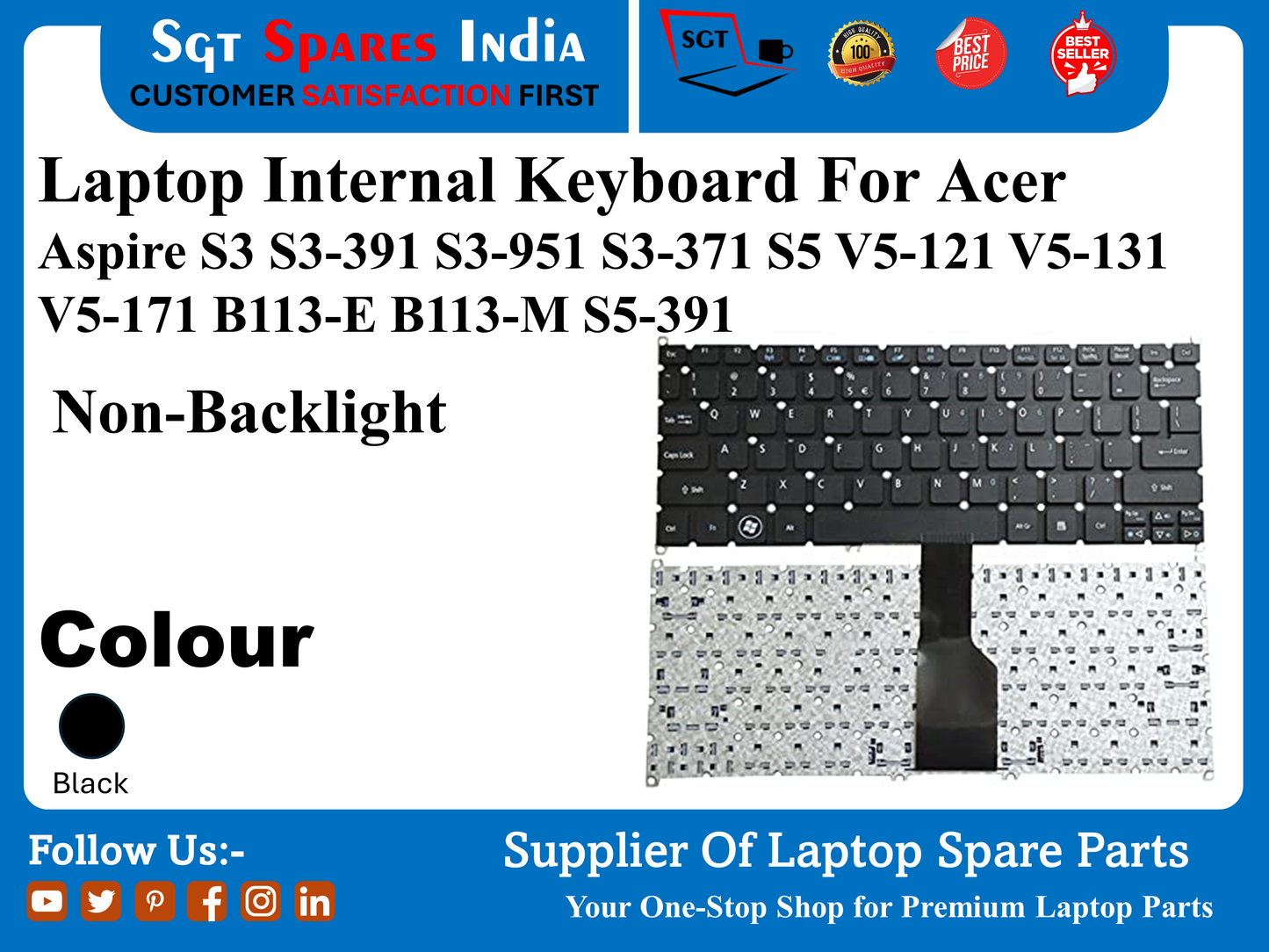 Laptop Internal Keyboard For Acer Aspire S3 S3-391 S3-951 S3-371 S5 V5-121 V5-131 V5-171 B113-E B113-M S5-391 Non-Backlight Colour Black