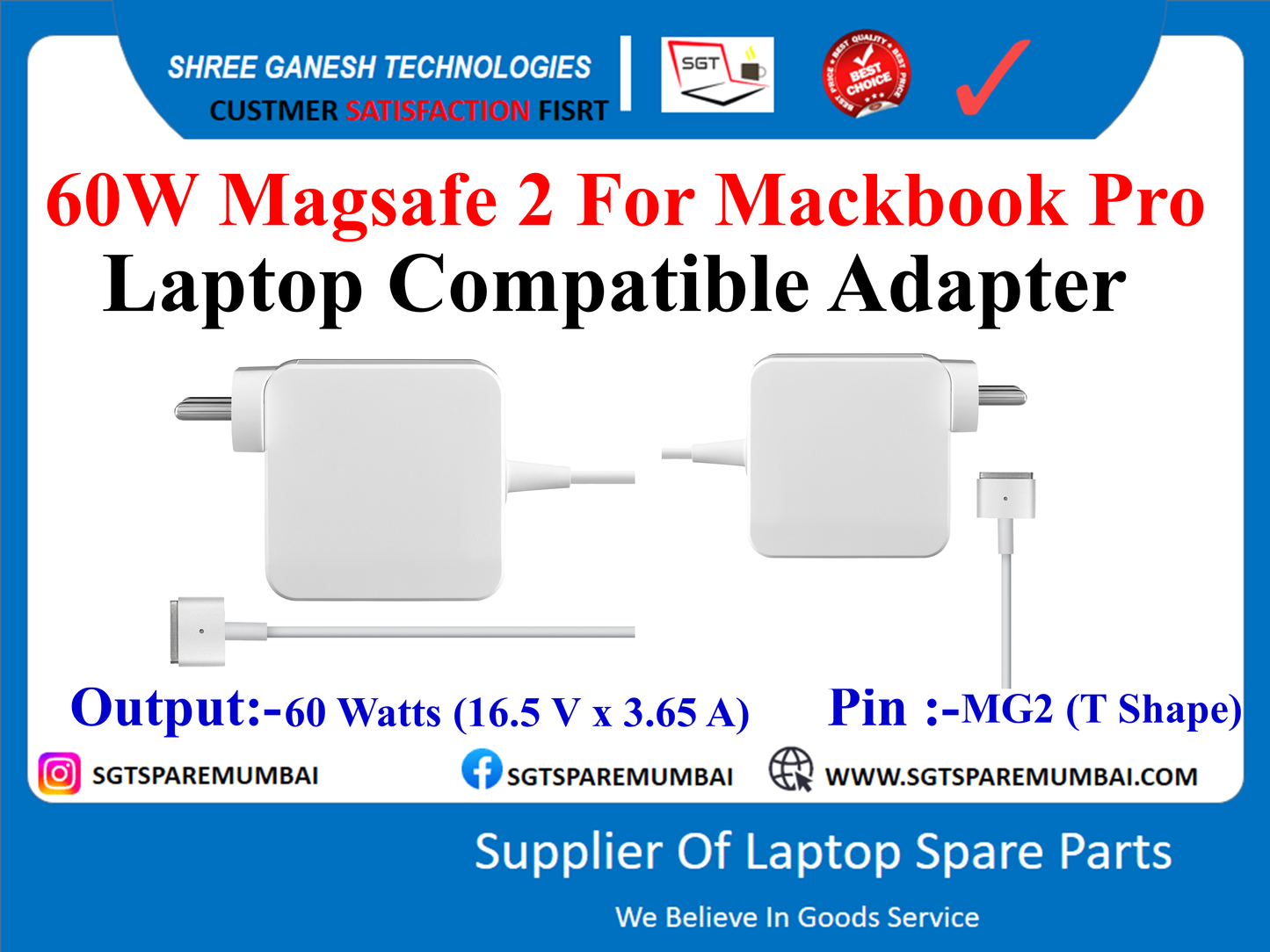 60W Magsafe 2 For Mackbook Pro Laptop Compatible Adapter