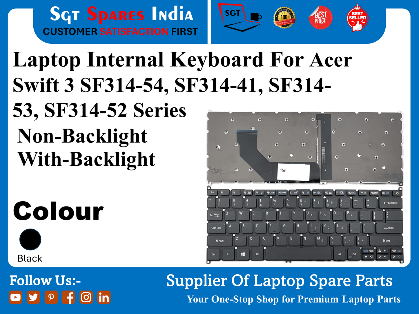 Laptop Internal Keyboard For Acer Swift 3 SF314-54, SF314-41, SF314- 53, SF314-52 Series Non-Backlight With-Backlight Colour Black