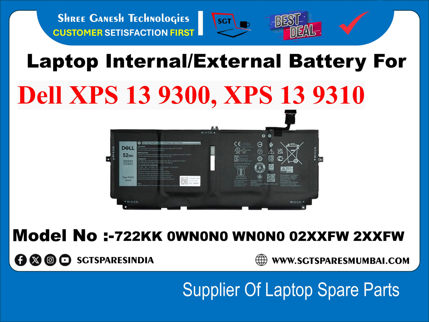 Laptop Internal Compatible Battery For Dell XPS 13 9300, XPS 13 9310 Model No :-722KK 0WN0N0 WN0N0 02XXFW 2XXFW