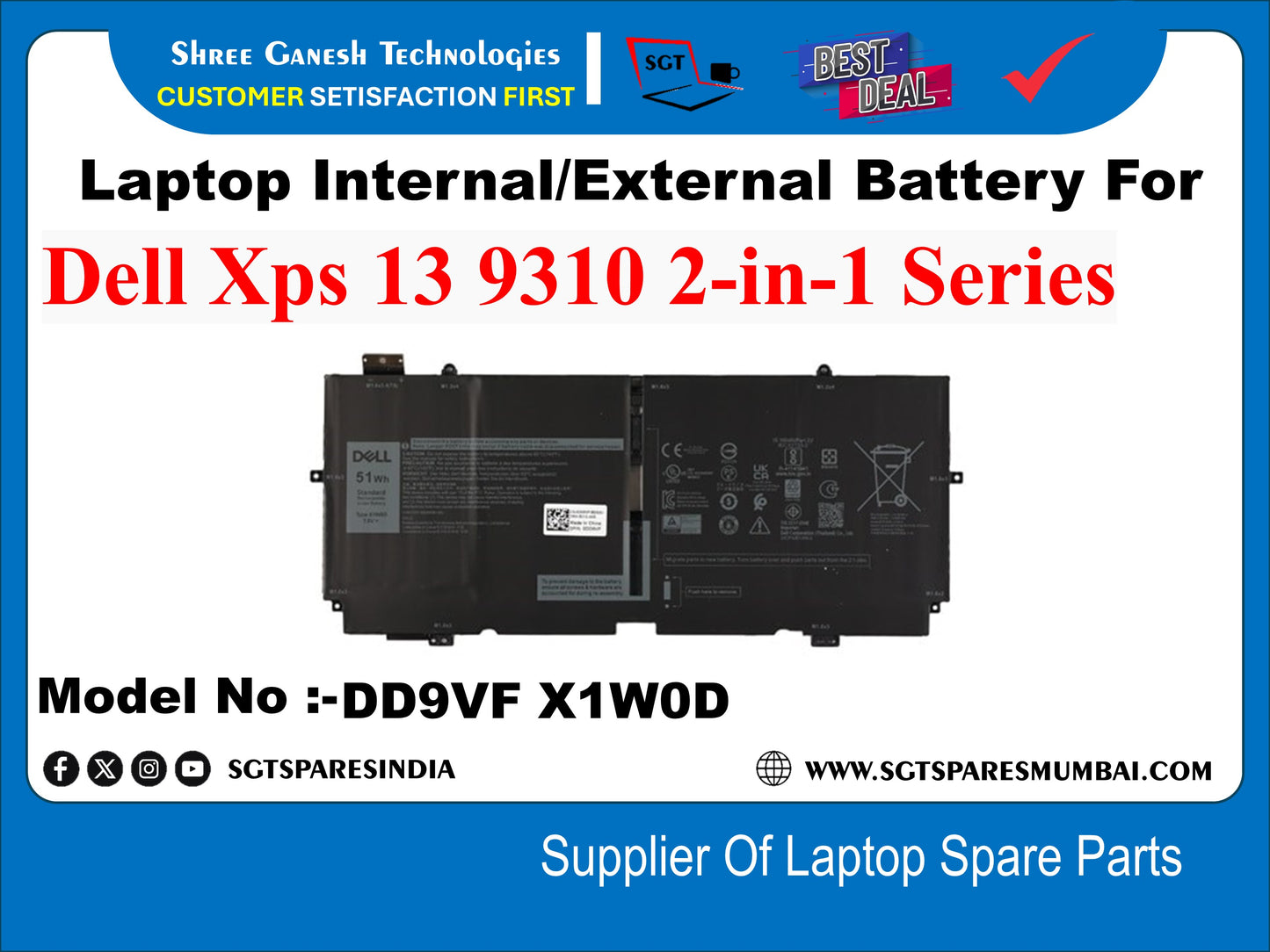 Laptop Internal Compatible Battery For Dell Xps 13 9310 2-in-1 Series Model No :-DD9VF X1W0D