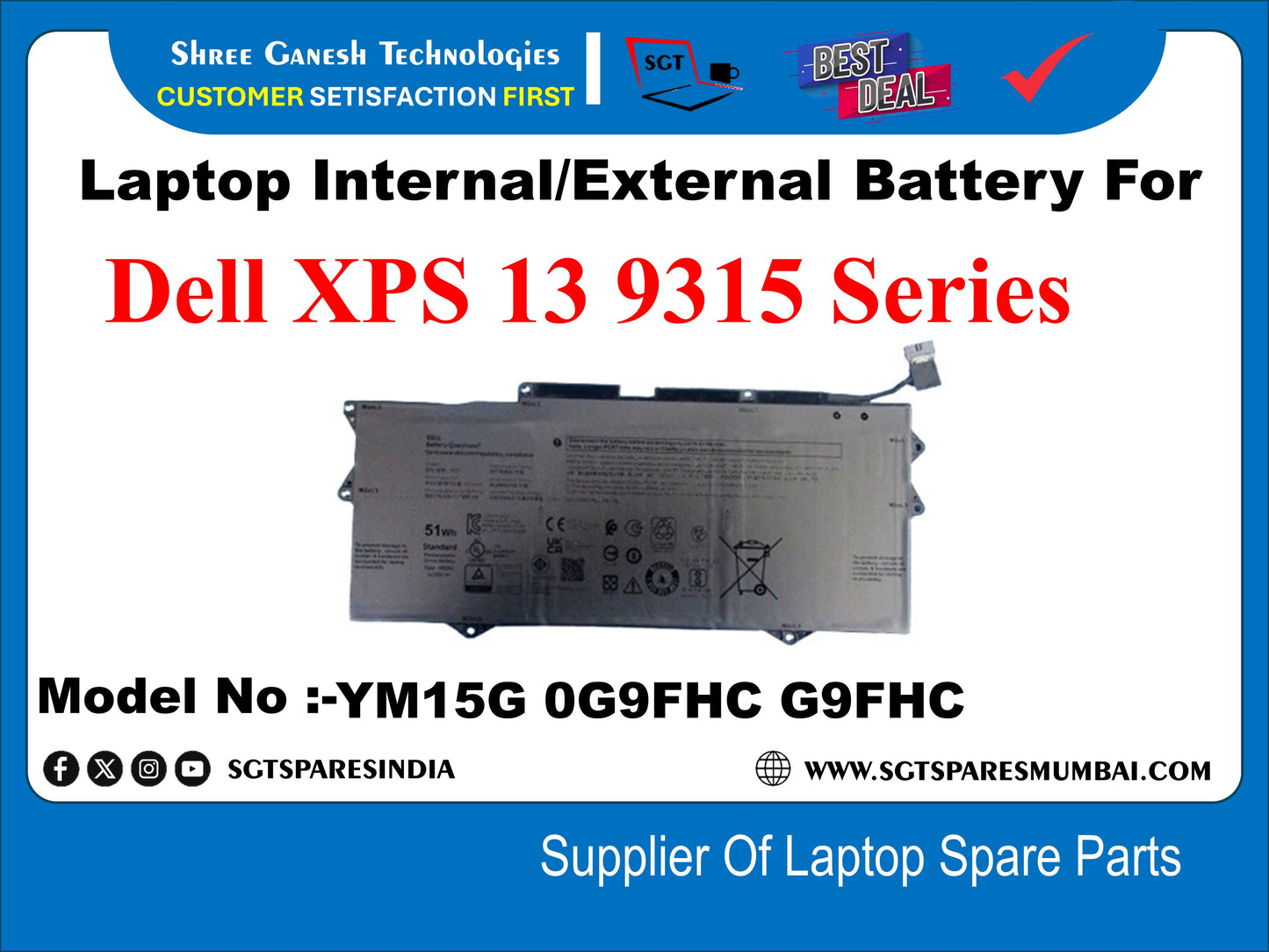 Laptop Internal Compatible Battery For Dell XPS 13 9315 Series Model No :-YM15G 0G9FHC G9FHC