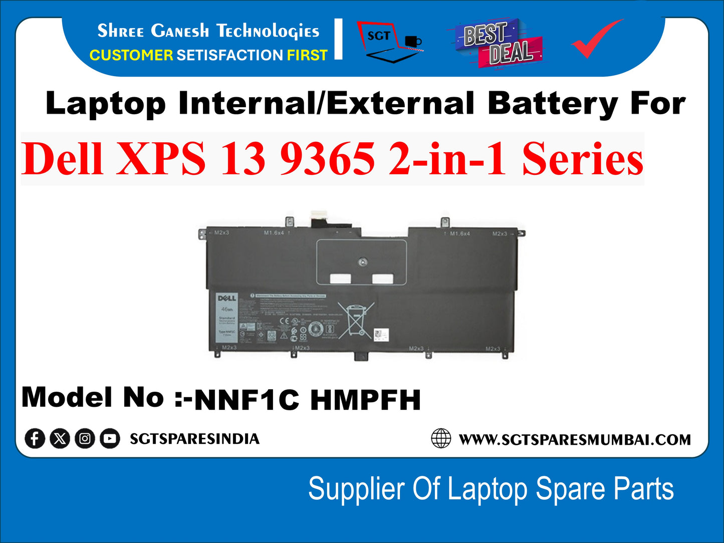 Laptop Internal Compatible Battery For Dell XPS 13 9365 2-in-1 Series Model No :-NNF1C HMPFH