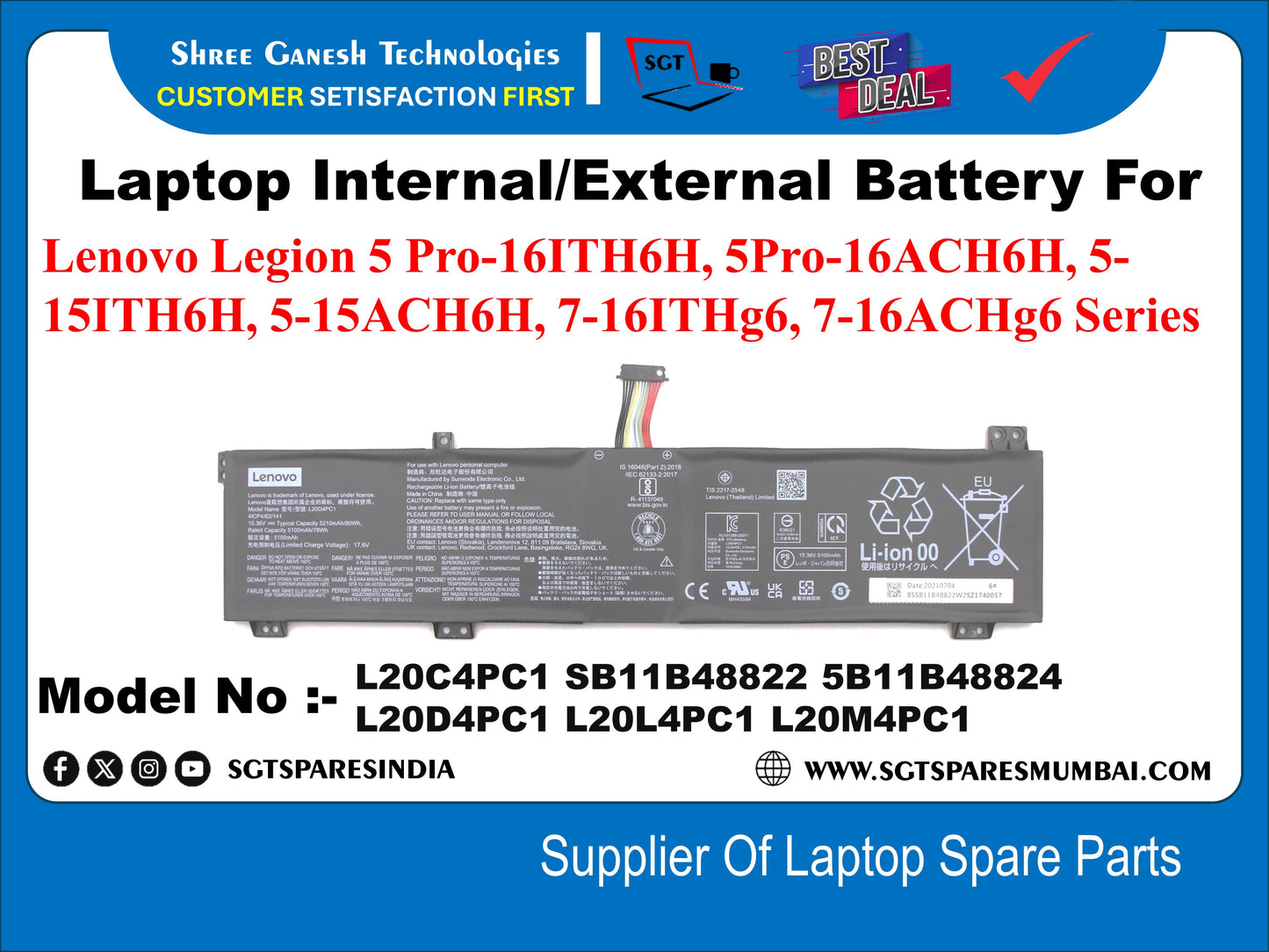 Laptop Internall Compatible Battery For Lenovo Legion 5 Pro-16ITH6H, 5Pro-16ACH6H, 5- 15ITH6H, 5-15ACH6H, 7-16ITHg6, 7-16ACHg6 Series, Model No :- L20C4PC1, 5B11B48822, 5B11B48824, L20D4PC1, L20L4PC1, L20M4PC1