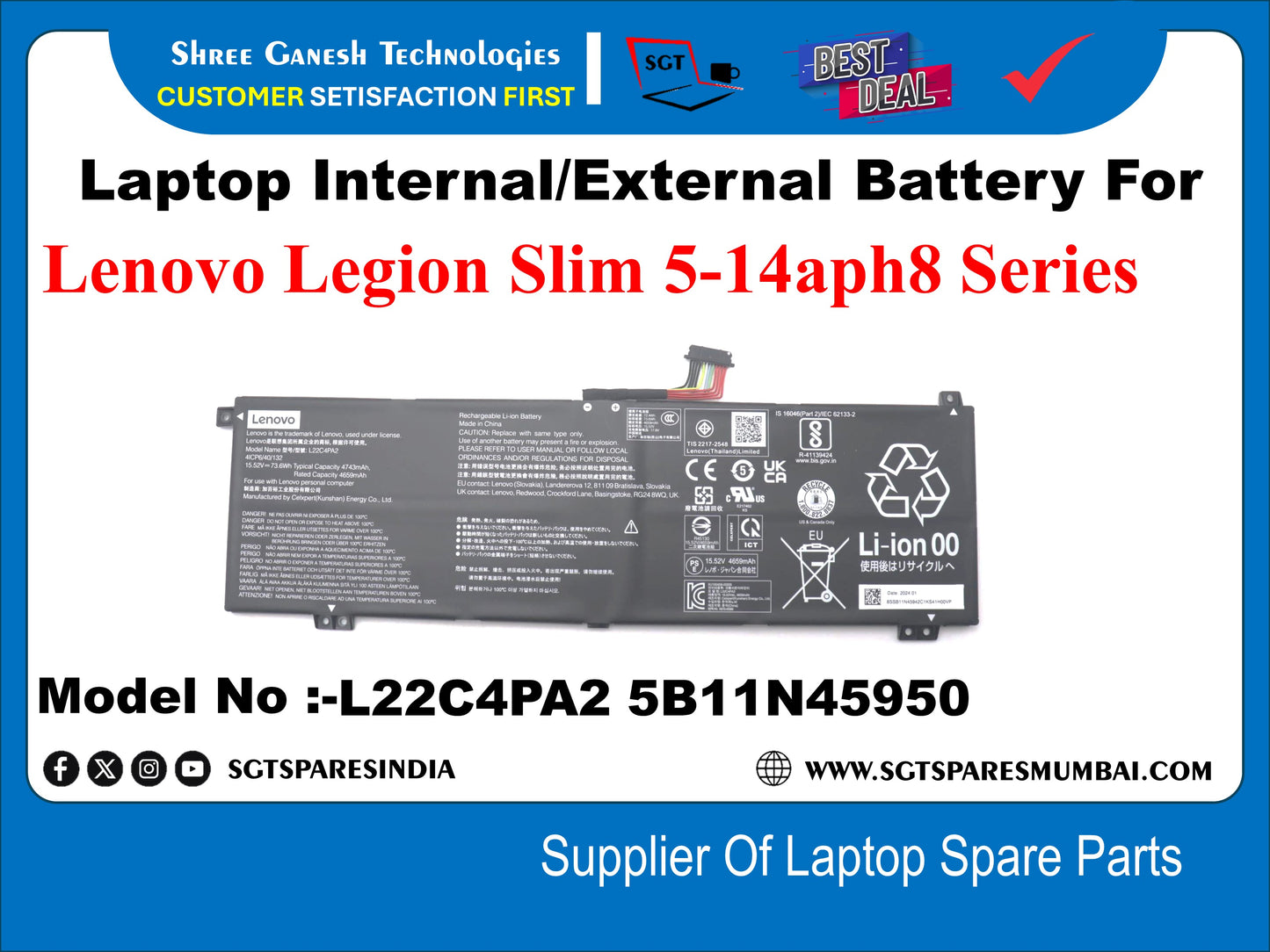 Laptop Internal Compatible Battery For Lenovo Legion Slim 5-14aph8 Series, Model No :-L22C4PA2, 5B11N45950