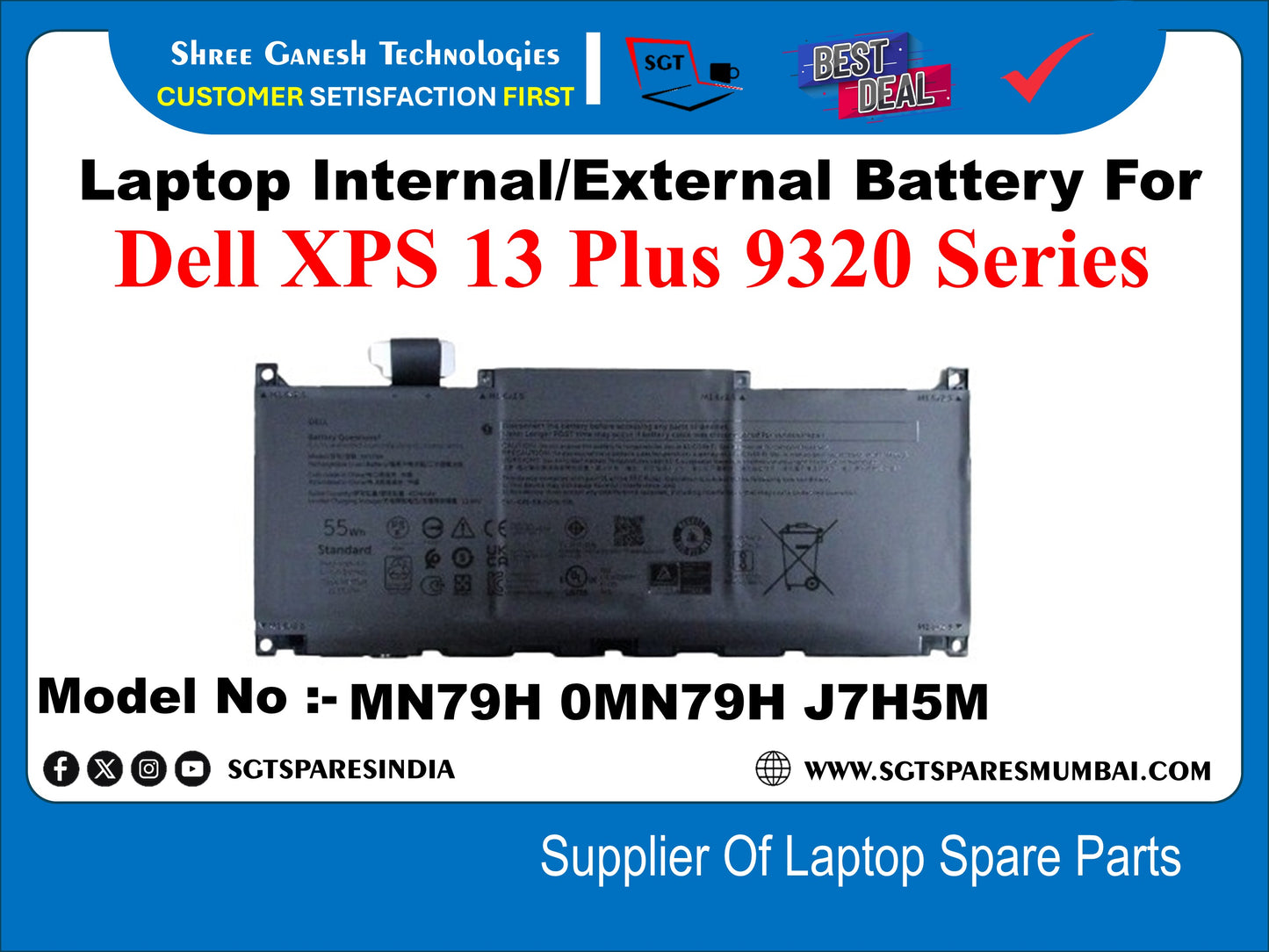 Laptop Internal Compatible Battery For Dell XPS 13 Plus 9320 Series Model No :- MN79H 0MN79H J7H5M