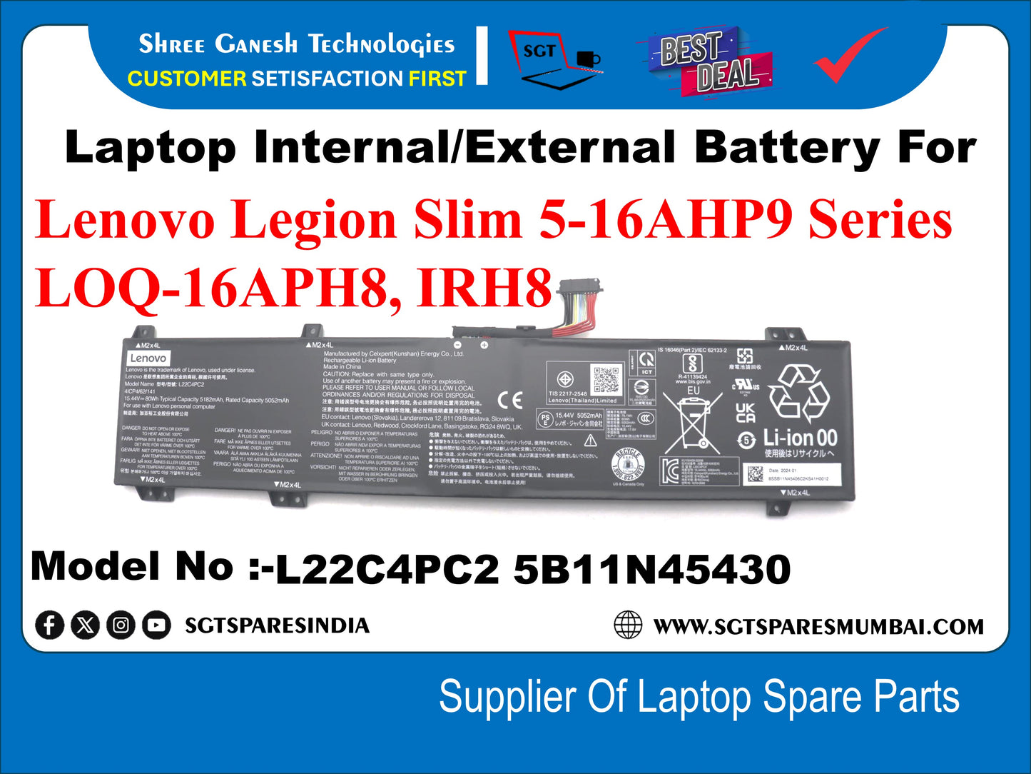 Laptop Internal Compatible Battery For Lenovo Legion Slim 5-16AHP9 Series, LOQ-16APH8, IRH8 Model No :-L22C4PC2, 5B11N45430