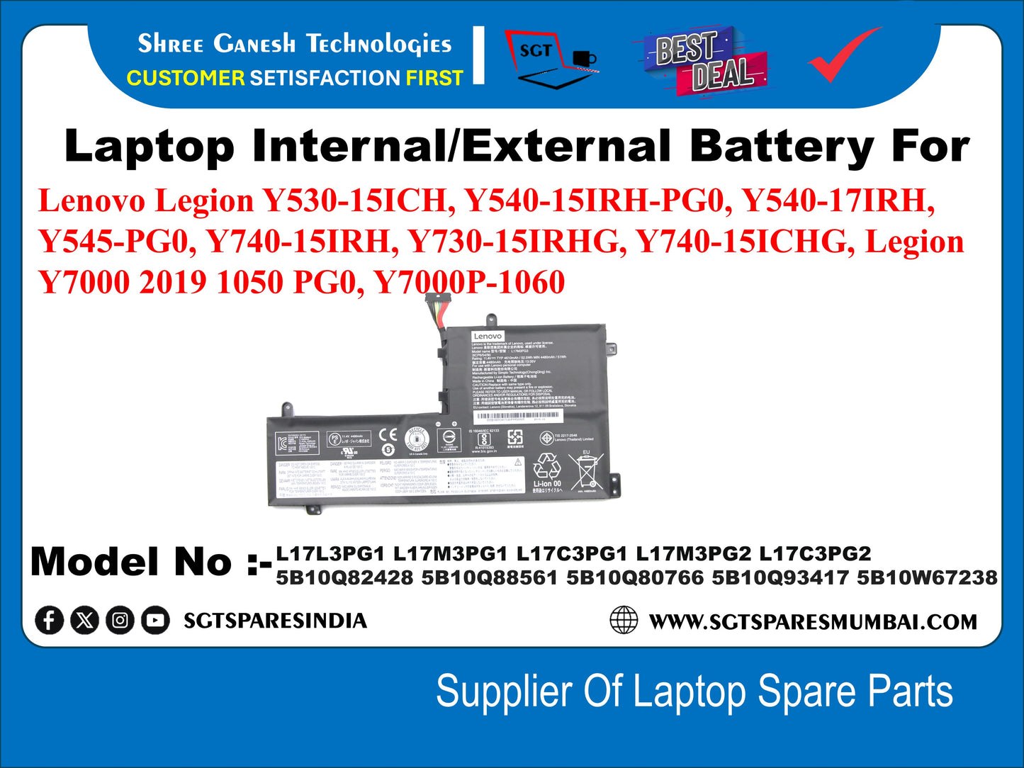 Laptop Internal Compatible Battery For Lenovo Legion Y530-15ICH, Y540-15IRH-PGO, Y540-17IRH, Y545-PGO, Y740-15IRH, Y730-15IRHG, Y740-15ICHG, Legion Y 7000 2019 1050 PGO, Y7000P-1060 Model No :-L17L3PG1, L17M3PG1, L17C3PG1, L17M3PG2, L17C3PG2, 5B10Q82428,