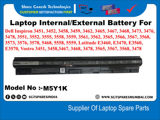 Laptop External Orignal Battery For Dell Inspiron 3451, 3452, 3458, 3459, 3462, 3465, 3467, 3468, 3473, 3476, 3478, 3551, 3552, 3555, 3558, 3559, 3561, 3562, 3565, 3566, 3567, 3568, 5468, 5558, Latitude E3460, E3470, E3560, E3570, 40Wh Model No :-M5Y1K