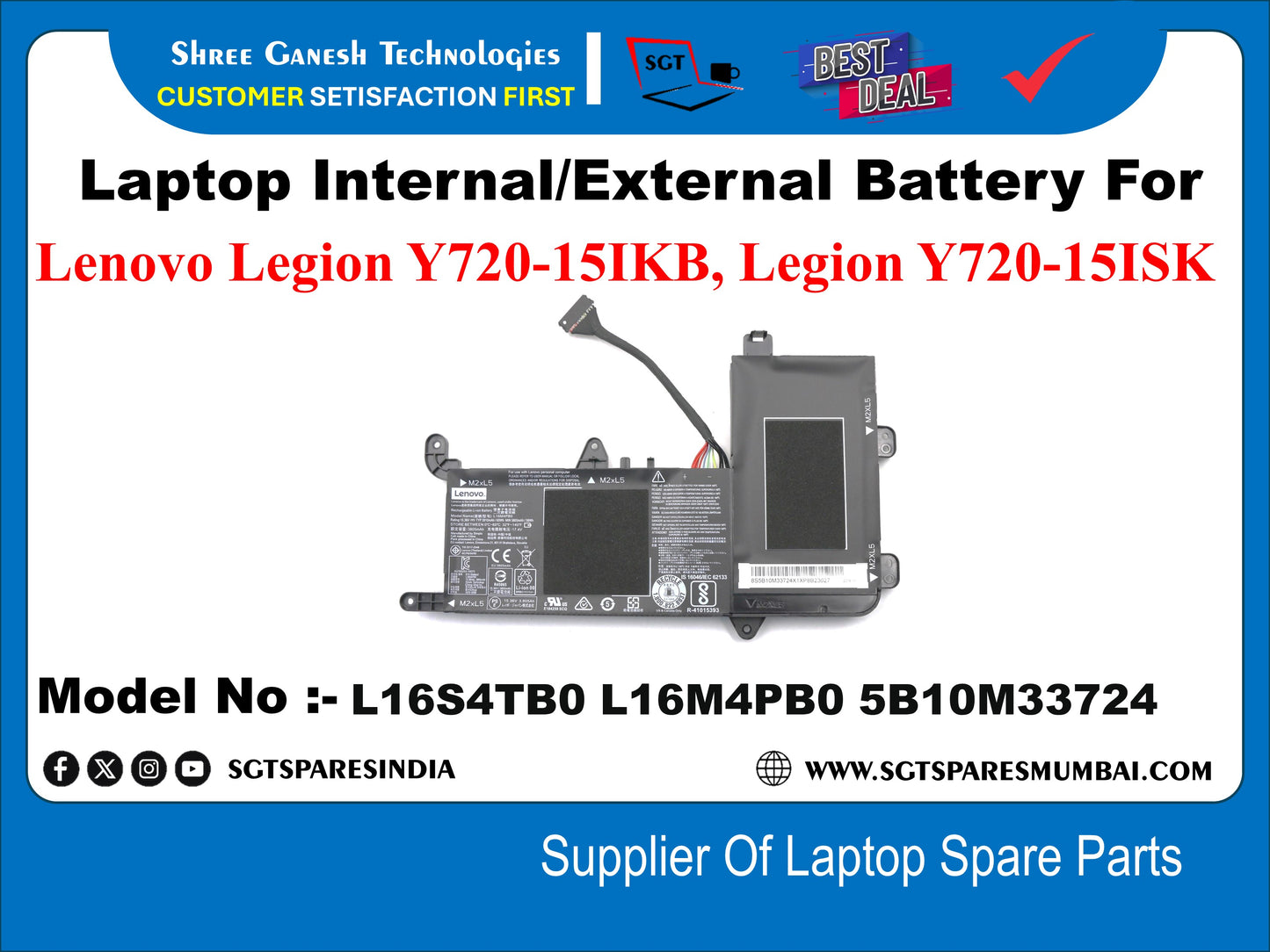 Laptop Internal Compatible Battery For Lenovo Legion Y720-15IKB, Legion Y720-15ISK Model No :- L16S4TBO, L16M4PBO, 5B10M33724