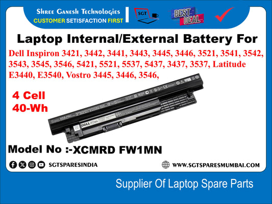 Laptop Orignal External Battery For Dell Inspiron 3421, 3442, 3441, 3443, 3445, 3446, 3521, 3541, 3542, 3543, 3545, 3546, 5421, 5521, 5537, 5437, 3437, 3537, Latitude E3440, E3540, Vostro 3445, 3446, 3546, 4 Cell 40-Wh Model No :-XCMRD FW1MN