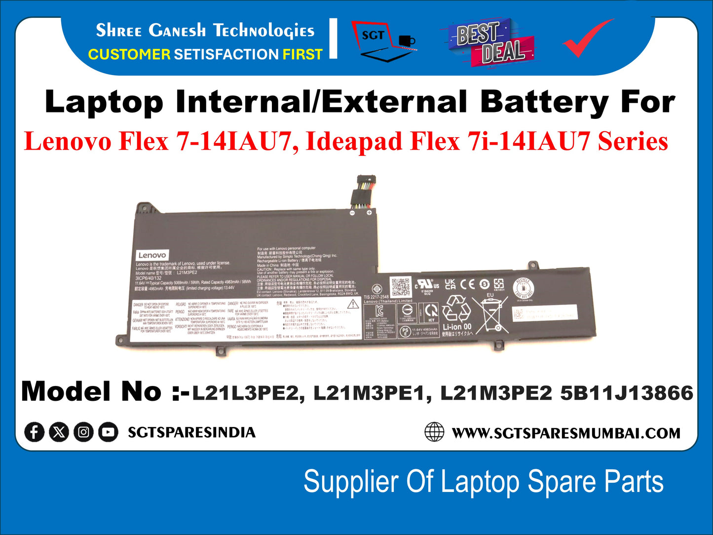 Laptop Internal Compatible Battery For Lenovo Flex 7-14IAU7, Ideapad Flex 7i-14IAU7 Series Model No :-L21L3PE2, L21M3PE1, L21M3PE2 5B11J13866