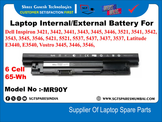 Laptop Compatible External Battery For Dell Inspiron 3421, 3442, 3441, 3443, 3445, 3446, 3521, 3541, 3542, 3543, 3545, 3546, 5421, 5521, 5537, 5437, 3437, 3537, Latitude E3440, E3540, Vostro 3445, 3446, 3546,&nbsp; 6 Cell 65-Wh Model No :-MR90Y