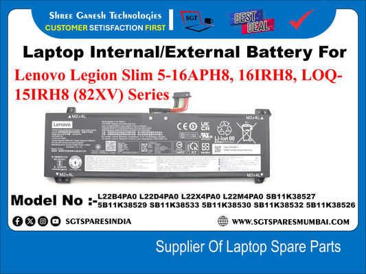 Laptop Internal Compatible Battery For Lenovo Legion Slim 5-16APH8, 16IRH8, LOQ- 15IRH8 (82XV) Series Model No :- &nbsp;L22B4PAO, L22D4PAO, L22X4PAO, L22M4PAO, 5B11K38527,&nbsp; 5B11K38529, 5B11K38533, 5B11K38530, 5B11K38532, 5B11K38526