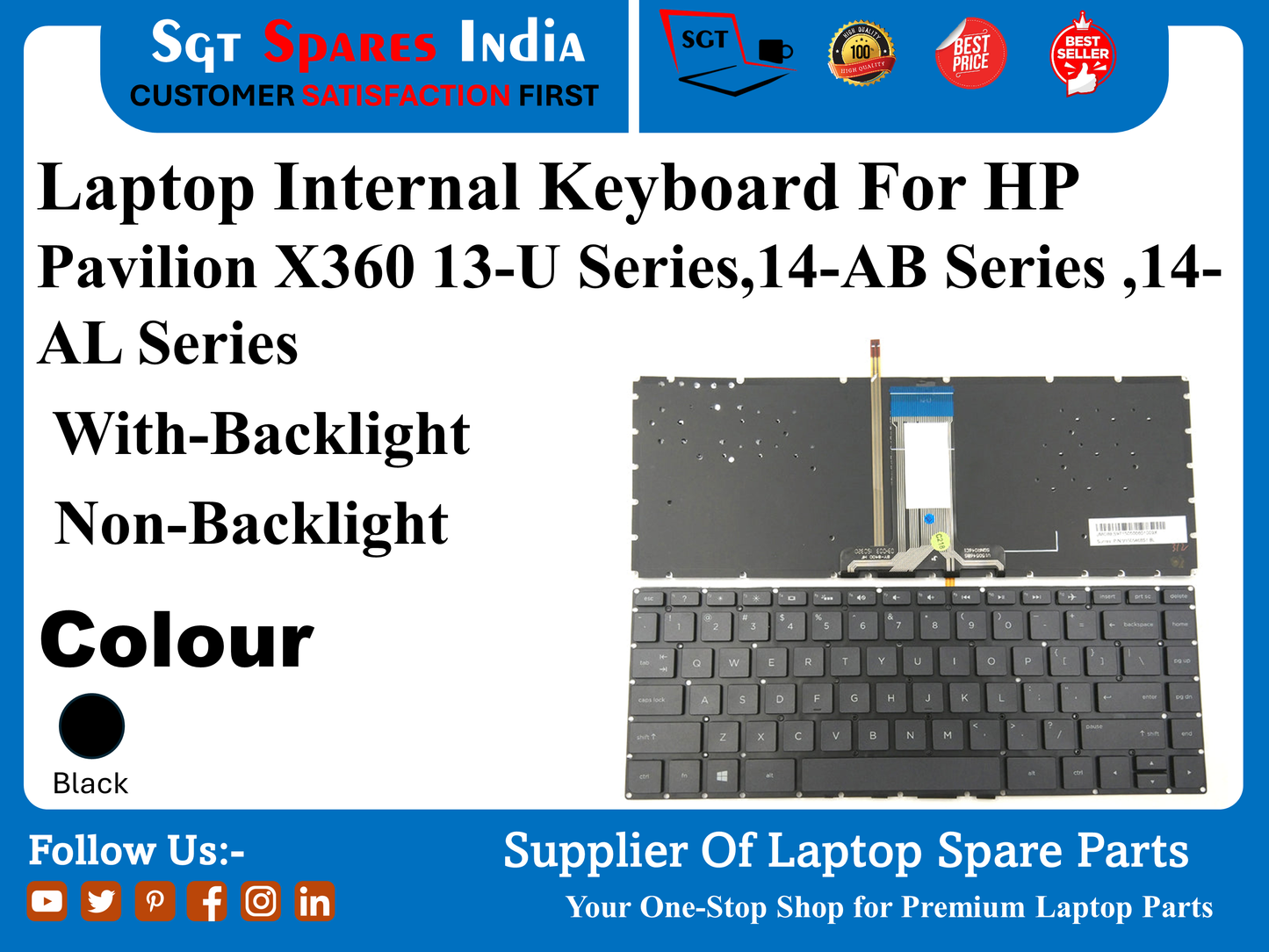 Laptop Internal Keyboard For HP Pavilion X360 13-U Series,14-AB Series ,14- AL Series With-Backlight Non-Backlight Colour Black