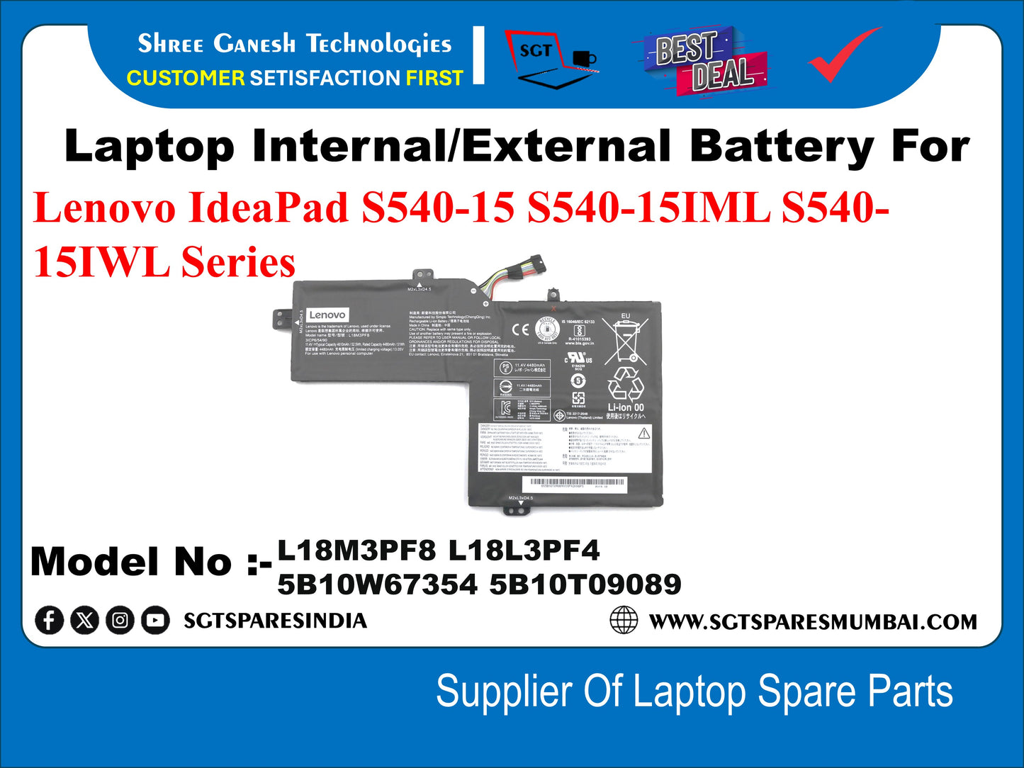 Laptop Internal Compatible Battery For Lenovo IdeaPad S540-15 S540-15IML, S540- 15IWL Series Model No : L18M3PF8, L18L3PF4, 5B10W67354, 5B10T09089